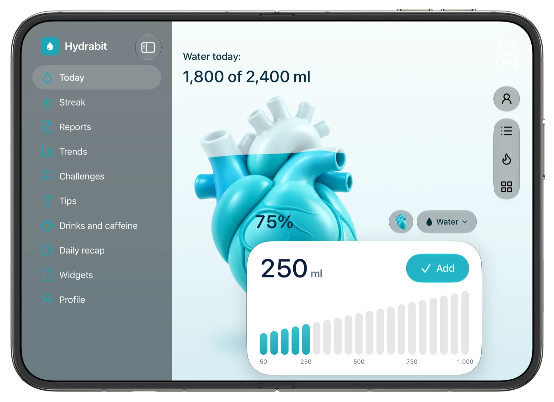 Hydrabit on iPhone Duo with the inner display open: a sidebar and the heart